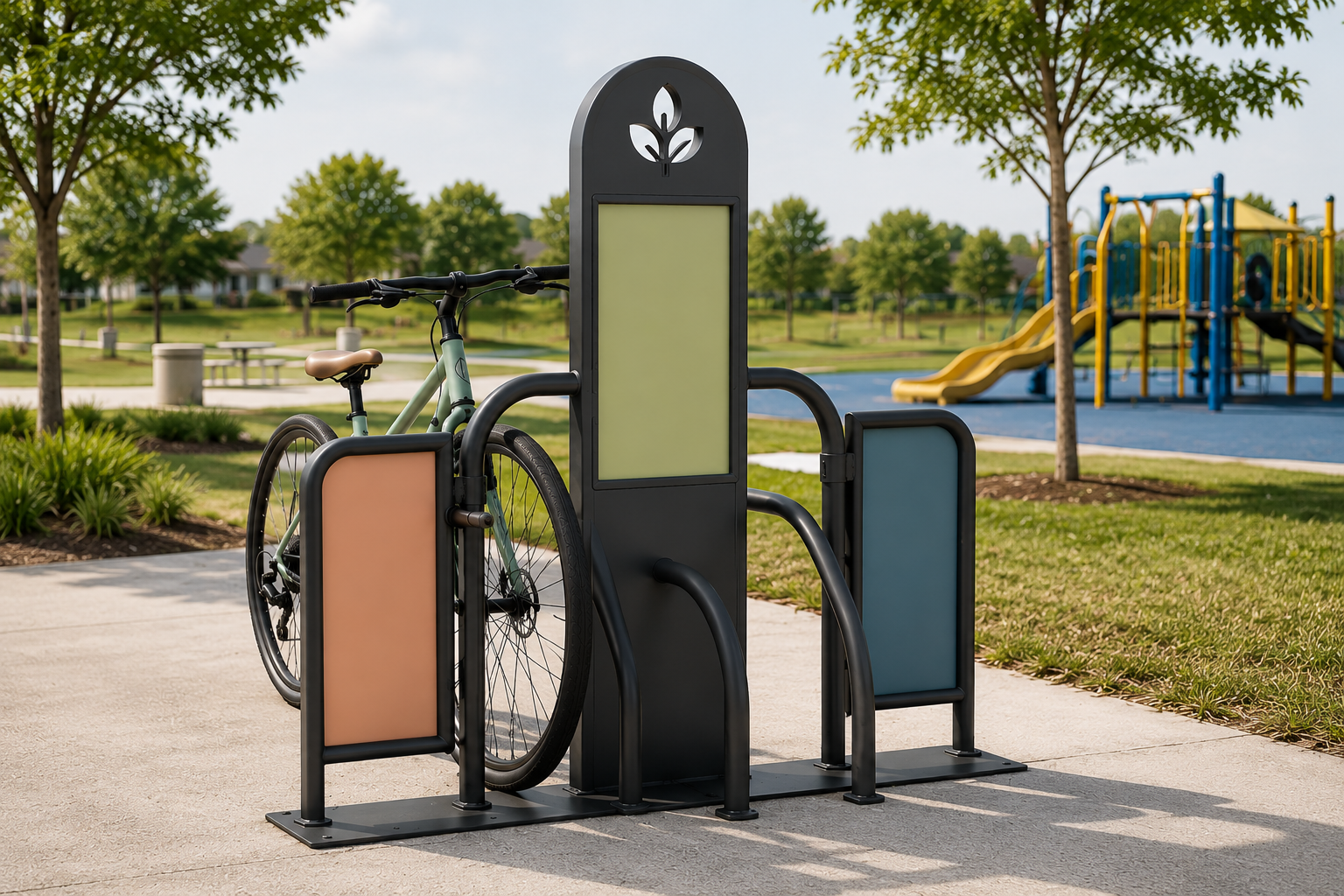 Bike Stop station with secure bicycle parking in a community park